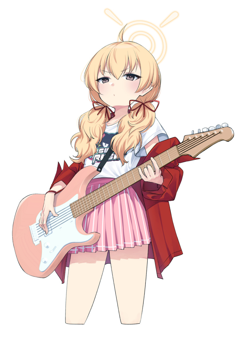 1girl 53c_(ray_cordova) blonde_hair blue_archive brown_eyes closed_mouth commentary cropped_legs electric_guitar guitar hair_between_eyes hair_over_shoulder hair_ribbon halo highres holding holding_instrument instrument jacket long_sleeves low_twintails off_shoulder open_clothes open_jacket pink_skirt pleated_skirt puffy_long_sleeves puffy_sleeves red_jacket red_ribbon ribbon shirt simple_background skirt solo twintails v-shaped_eyebrows white_background white_shirt yoshimi_(band)_(blue_archive) yoshimi_(blue_archive)