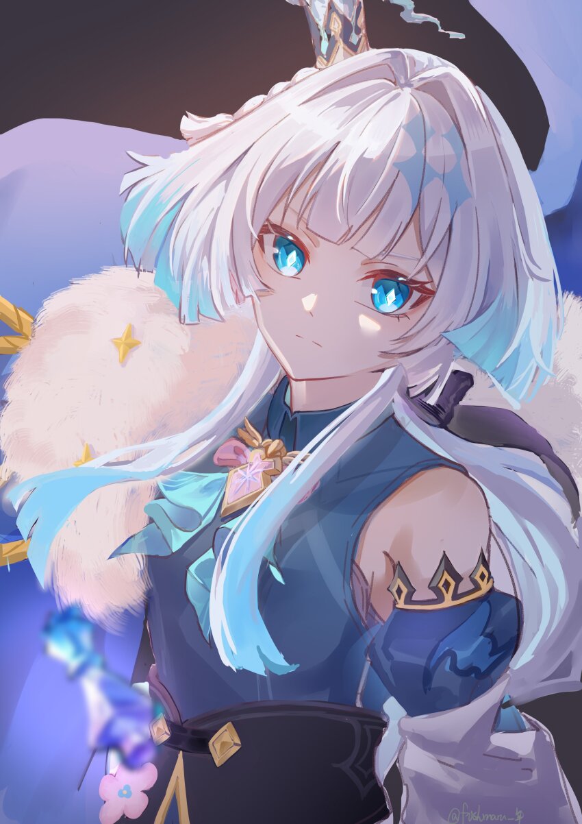 1girl absurdres black_background blue_dress blue_eyes blue_hair breasts cape cerydra_(honkai:_star_rail) crown detached_sleeves dress fishmaru fur-trimmed_cape fur_trim hair_intakes hashtag-only_commentary highres honkai:_star_rail honkai_(series) long_hair looking_at_viewer medium_breasts mini_crown simple_background solo upper_body