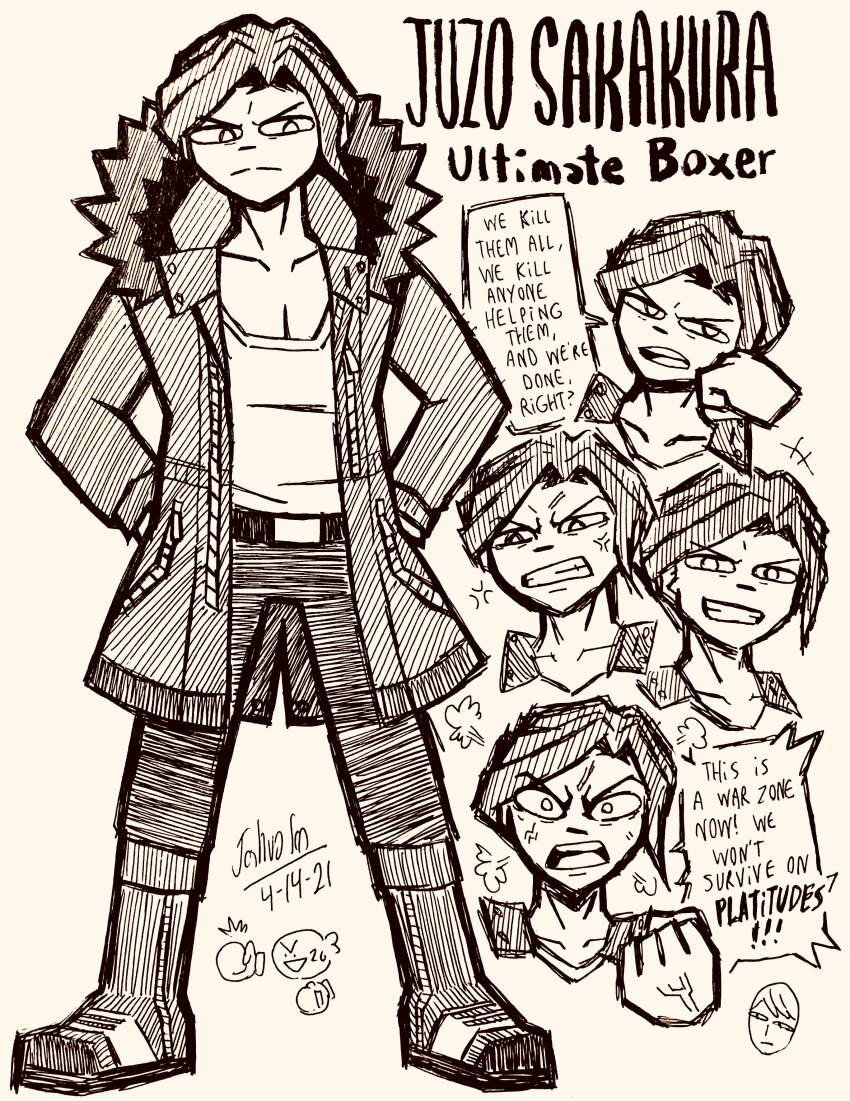 2boys absurdres belt boots character_name clenched_hand clenched_teeth closed_mouth commentary danganronpa_(series) danganronpa_3_(anime) dated doodle_inset english_commentary english_text full_body greyscale grin hatching_(texture) highres jacket josh-s26 male_focus monochrome multiple_boys multiple_views munakata_kyousuke open_clothes open_jacket open_mouth pants sakakura_juuzou shirt short_hair signature simple_background smile speech_bubble standing teeth upper_teeth_only v-shaped_eyebrows veins white_background