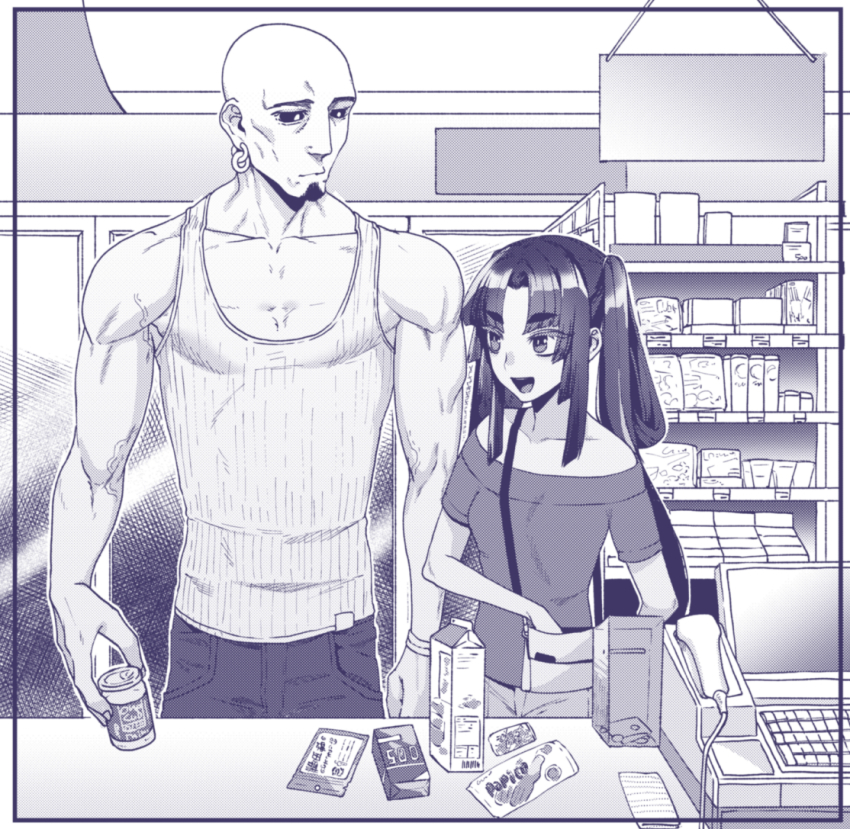 1boy 1girl asymmetrical_hair bad_id bad_pixiv_id bag bald bare_shoulders black_sclera breasts casual collarbone colored_sclera facial_hair fate/grand_order fate_(series) goatee hair_rings handbag height_difference monochrome musashibou_benkei_(fate) muscular off-shoulder_shirt off_shoulder open_mouth purple_theme rokkotsu shirt shop shopping small_breasts tank_top thick_eyebrows twintails ushiwakamaru_(fate) veins