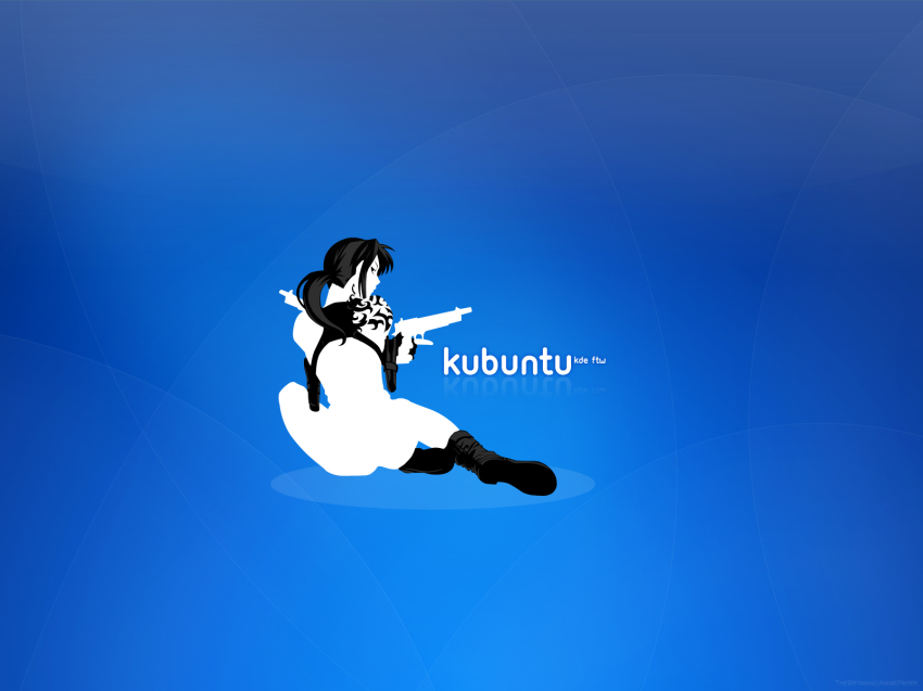 00s 1girl black_lagoon blue_theme female_focus gun highres kde kubuntu linux monochrome ponytail revy_(black_lagoon) solo tattoo ubuntu weapon