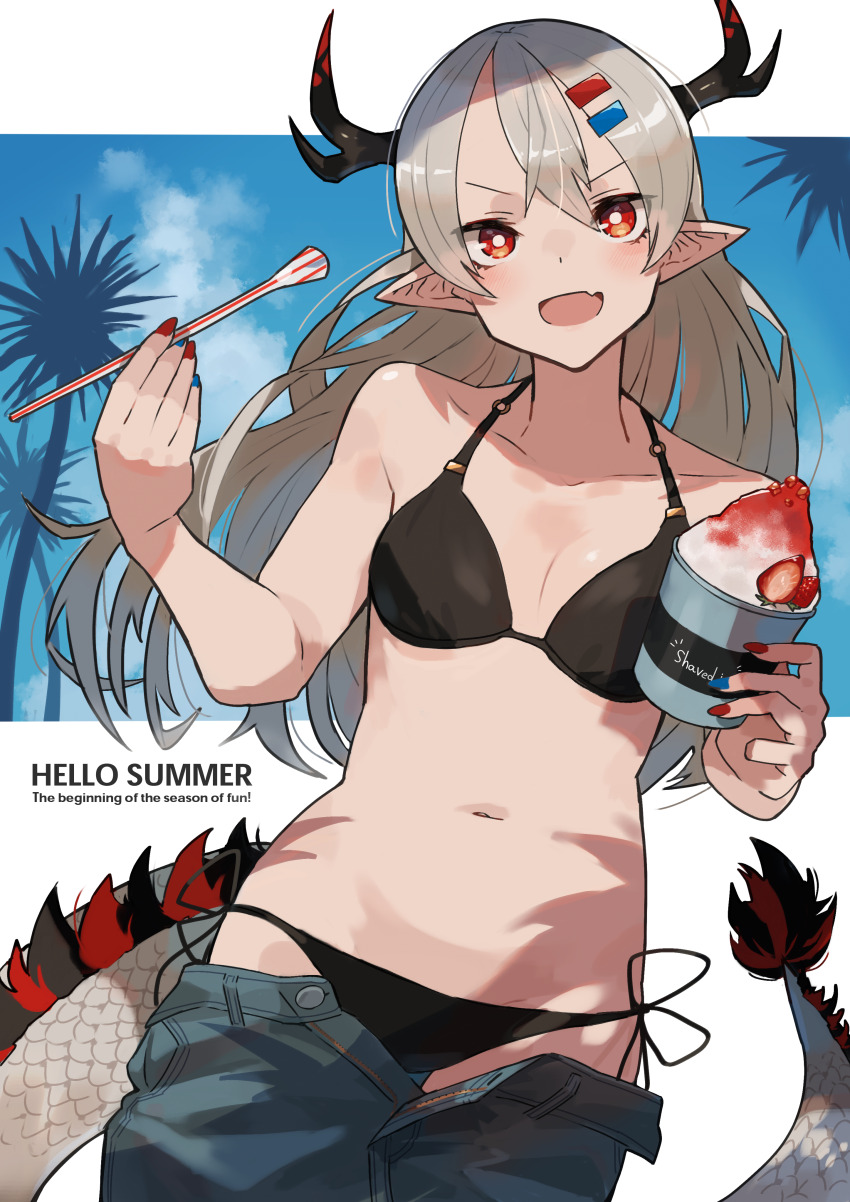 1girl absurdres bare_arms bare_shoulders bikini black_bikini breasts bright_pupils cleavage cowboy_shot denim dragon_girl dragon_tail eastern_dragon_tail english_text food fur-tipped_tail grey_hair grey_scales hair_ornament hairclip highres horns katsu_(katsupainter) long_hair looking_at_viewer navel open_mouth original pointy_ears red_eyes sarusawa_ikue scales shaved_ice solo string_bikini summer swimsuit tail white_pupils