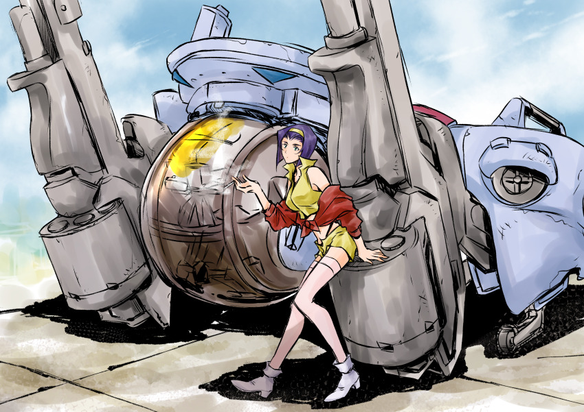 1girl absurdres arm_support bare_shoulders black_panties blue_sky blunt_ends bob_cut boots breasts cigarette closed_mouth cloud commentary cowboy_bebop day faye_valentine full_body hair_pulled_back hairband highleg highleg_panties highres holding holding_cigarette inverted_bob jacket large_breasts long_sleeves midriff navel off_shoulder outdoors panties pink_thighhighs popped_collar purple_hair red_jacket red_tail_(cowboy_bebop) short_hair shorts sitting sitting_on_vehicle sky smoke smoking solo spacecraft thighhighs tied_jacket tobalin underwear vest white_boots yellow_hairband yellow_shorts