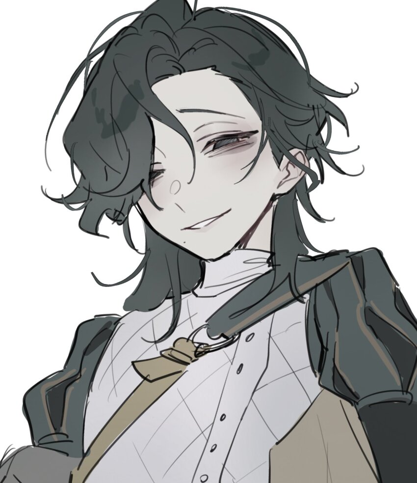 1boy black_hair cape chest_strap eh_neg00 green_cape grey_eyes highres identity_v korean_commentary long_hair looking_at_viewer male_focus mole mole_under_mouth puff_and_slash_sleeves puffy_sleeves richard_sterling simple_background smile solo upper_body vest white_background white_vest