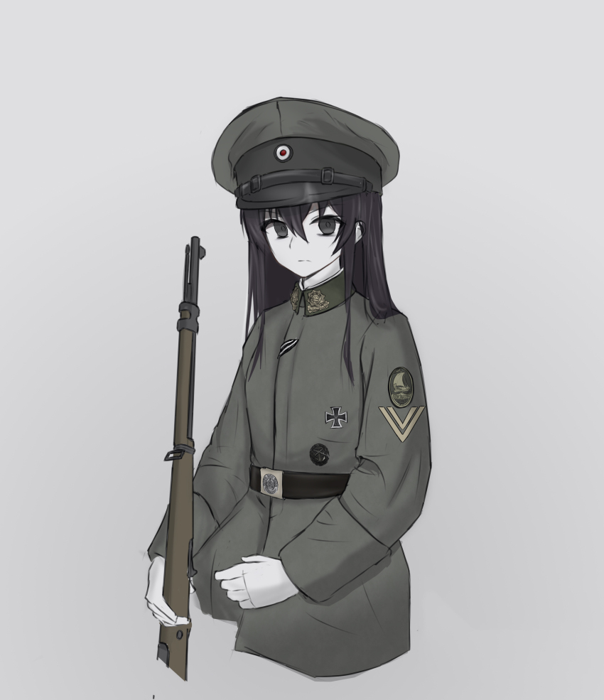 1girl absurdres belt belt_buckle black_eyes black_hair bolt_action buckle cap cross gun hair_between_eyes hat highres holding holding_weapon iron_cross long_hair looking_at_viewer marinebrigade_erhardt mauser_98 military military_hat military_uniform original patch rifle simple_background weapon weimar_29