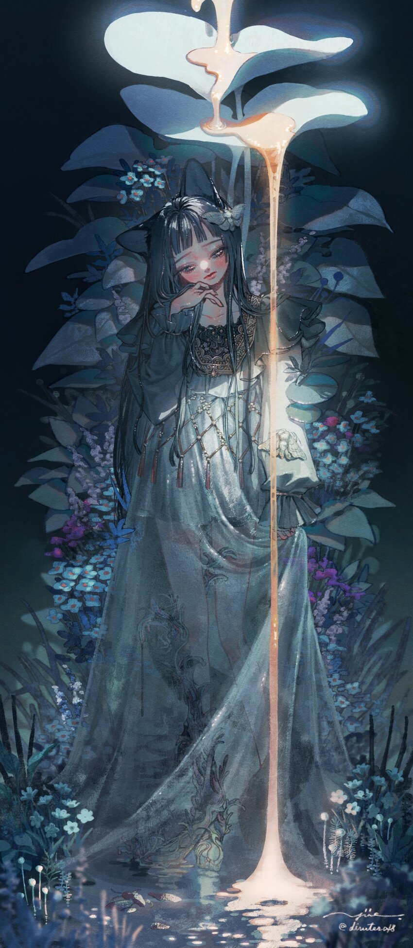 1girl absurdres animal_ears blush bug cat_ears commentary_request dress expressionless flower full_body grey_dress grey_eyes hair_ornament half-closed_eyes head_tilt highres insect leaf loaf long_sleeves looking_at_viewer moth moth_hair_ornament nectar original see-through_clothes see-through_dress sleeves_past_fingers sleeves_past_wrists solo tagme tassel yue_(distesa18)