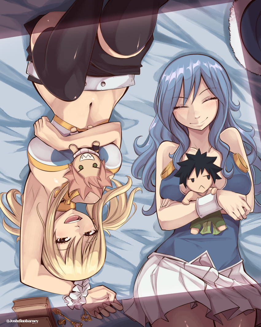 2girls absurdres artist_name black_hair black_shorts black_thighhighs blonde_hair blue_hair blue_hat blue_shirt breasts brown_eyes character_doll closed_eyes commentary doll english_commentary fairy_tail gray_fullbuster grin hat highres hugging_doll hugging_object joshdinobarney juvia_lockser key large_breasts long_hair lucy_heartfilia lying midriff multiple_girls natsu_dragneel navel on_bed open_mouth pink_hair sharp_teeth shirt short_shorts short_twintails shorts sidelocks skirt smile teeth thighhighs twintails twitter_username unworn_hat unworn_headwear upper_teeth_only white_skirt