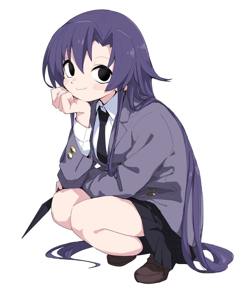 1girl black_eyes black_necktie black_skirt black_socks blush brown_shoes closed_mouth collared_shirt goshiki_agiri grey_jacket highres holding holding_weapon jacket kill_me_baby kunai loafers long_hair long_sleeves looking_at_viewer necktie pleated_skirt purple_hair school_uniform shirt shoes simple_background skirt socks solo squatting very_long_hair weapon white_background white_shirt yachima_tana