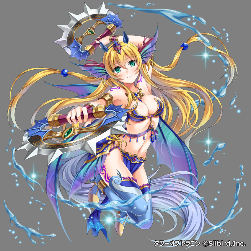 1girl :d absurdres blonde_hair bra breasts chakram dual_wielding female_focus fins full_body green_eyes grey_background hair_bobbles hair_ornament head_fins head_tilt highres holding jewelry large_breasts long_hair looking_at_viewer necklace open_mouth parted_lips simple_background smile solo tattoo teeth tower_of_dragon underwear very_long_hair violetshit water weapon