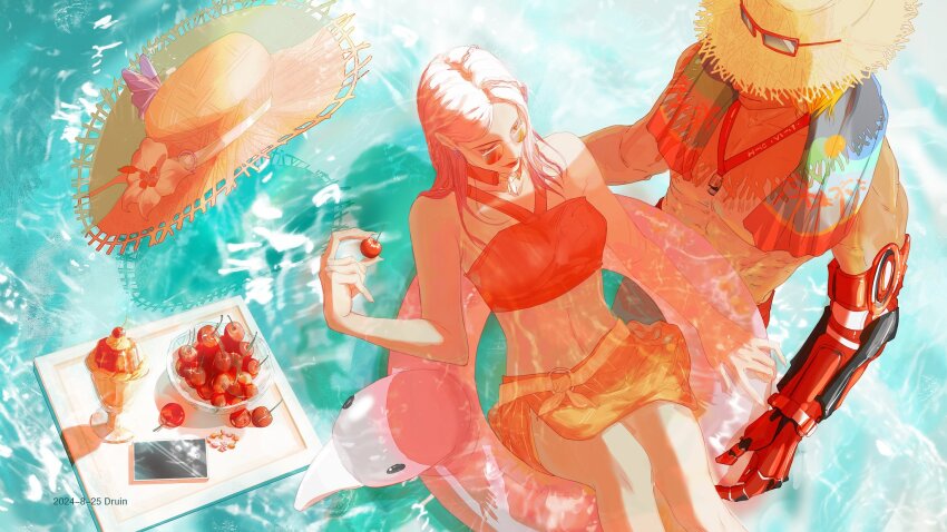 1boy 1girl abs ashe_(overwatch) cassidy_(overwatch) cherry cup dessert durinlee food fruit goggles hat highres holding holding_cherry holding_food holding_fruit lipstick makeup mechanical_arms muscular muscular_male ocean orange_skirt orange_tube_top overwatch overwatch_2 partially_submerged pectorals phone pink_hair pool_float prosthesis prosthetic_arm red_lips skirt strapless straw_hat sunglasses towel towel_around_neck tube_top water whistle whistle_around_neck