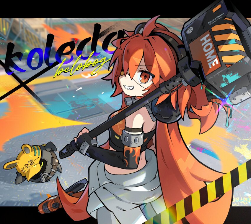 1girl absurdres ahoge animal_ears bangboo_(zenless_zone_zero) black_gloves black_shirt breasts carrying_over_shoulder caution_tape character_name crop_top elbow_gloves eyepatch fake_animal_ears glint gloves grin hair_bobbles hair_ornament hairband hammer highres koleda_belobog letter long_hair looking_at_viewer looking_back low_twintails morizo_(morizoshop) orange_eyes orange_hair outside_border pants sharp_teeth shirt sledgehammer sleeveless sleeveless_shirt small_breasts smile solo standing teeth twintails v-shaped_eyebrows white_pants zenless_zone_zero