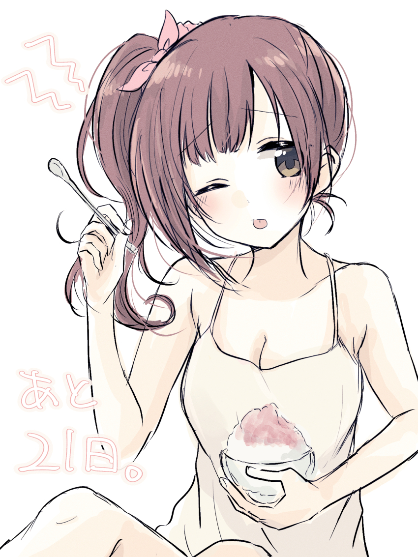 1girl ;p baran._(ba_ra_ran) blush bow bowl brain_freeze breasts brown_eyes brown_hair camisole cleavage closed_mouth commentary_request countdown food hair_bow highres holding holding_bowl holding_spoon idolmaster idolmaster_cinderella_girls igarashi_kyoko knees_up long_hair looking_at_viewer medium_breasts one_eye_closed pink_bow shaved_ice shout_lines side_ponytail simple_background solo spoon tongue tongue_out upper_body white_background white_camisole