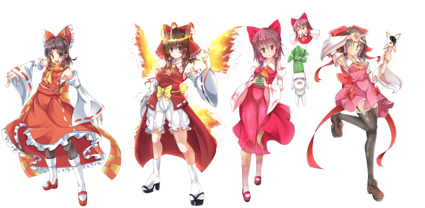 5girls arm_up armpits ascot benikurage_(cookie) black_hair black_pantyhose bloomers blush boots bow bow_skirt breasts brown_eyes brown_footwear brown_hair closed_mouth commentary_request cookie_(touhou) cup daikon detached_sleeves dress fangs fiery_wings fingernails fire frilled_bow frilled_hair_tubes frilled_shirt_collar frilled_skirt frills full_body garter_straps geta hair_between_eyes hair_bow hair_tubes hakurei_reimu highres holding holding_cup holding_wand hyper_muteki_(ningen_no_kuzu) kanna_(cookie) large_bow leg_up long_fingernails long_hair looking_at_viewer magical_girl medium_breasts medium_hair mini_person minigirl multiple_girls one_eye_closed open_mouth orange_scarf pantyhose parted_bangs pink_shirt pink_skirt radish red_bow red_dress red_eyes red_shirt red_skirt reu_(cookie) reu_daikon ribbon-trimmed_sleeves ribbon_trim sakenomi_(cookie) sananana_(cookie) sarashi scarf sharp_fingernails shirt shoes showgirl_skirt sidelocks simple_background skirt sleeveless sleeveless_shirt sleeves_past_fingers sleeves_past_wrists small_breasts smile socks solo standing standing_on_one_leg striped_clothes striped_scarf thighhighs touhou transparent_background triangle_mouth underwear v wand white_footwear white_sleeves white_socks wings yellow_ascot yellow_bow yellow_eyes yellow_scarf yin_yang yunomi
