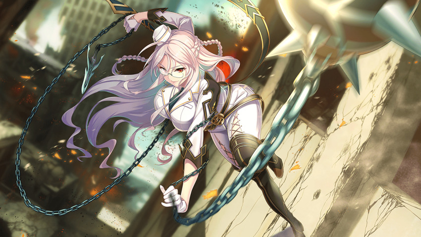 1girl aiguillette anchor animal_collar ball_and_chain_restraint bandaged_arm bandages bdsm bondage bound braid breasts broken broken_chain chain chain_necklace chained collar crack cracked_wall cuffs deep_one_kyomu_to_mugen_no_fragment flail glasses gloves gold_chain handcuffs hat holding holding_weapon hook horyi_(deep_one) jewelry large_breasts leash leash_pull lock long_hair looking_at_viewer metal_collar necklace non-web_source pocket_watch police prison prison_clothes purple_hair red_eyes restrained shackles shirt sickle slave smile solo straitjacket swing sword thighhighs very_long_hair viewer_holding_leash watch weapon white_gloves white_hair white_shirt