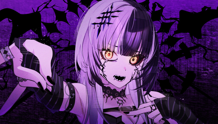 1girl absurdres black_arm_warmers black_hair black_nails black_sclera breasts cleavage colored_sclera commentary_request grey_hair higeji_(higeji404) highres hololive hololive_english jewelry long_hair looking_at_viewer mismatched_sclera multicolored_hair open_mouth outstretched_arm purple_background ring sharp_teeth shiori_novella shiori_novella_(1st_costume) slime_(substance) solo split-color_hair striped_arm_warmers teeth two-tone_hair v virtual_youtuber yellow_eyes