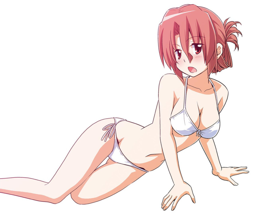 1girl :o bikini breasts brown_hair cleavage collarbone female_focus folded_ponytail hata_kenjirou hayate_no_gotoku! highres large_breasts legs long_hair maria_(hayate_no_gotoku!) navel open_mouth red_eyes simple_background solo stomach swimsuit thigh_gap thighs white_background white_bikini