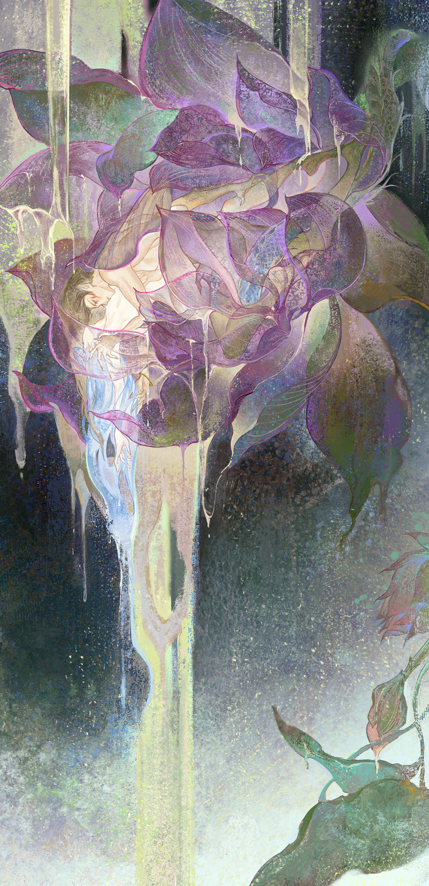 2boys absurdres ao_bing_(nezha_zhi_motong_jiangshi) black_hair blue_hair closed_eyes flower highres leaf long_hair long_sleeves lotus male_focus multiple_boys nezha_(nezha_zhi_motong_jiangshi) nezha_zhi_motong_jiangshi nude plant profile purple_flower short_hair upside-down water yaoi yinzinmiemie