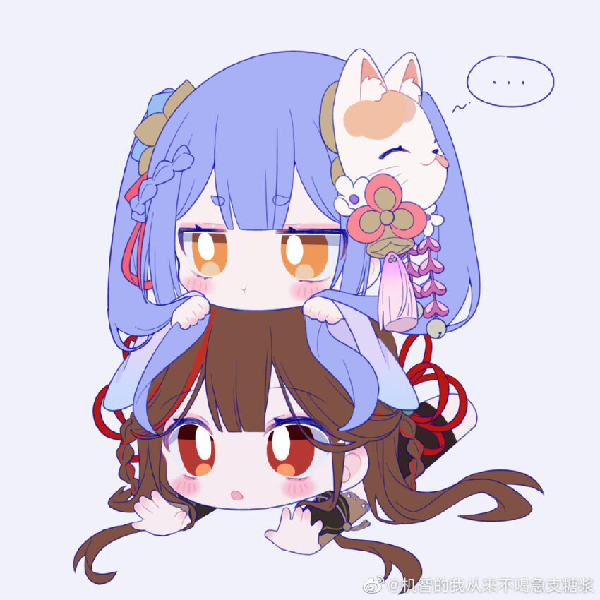 ... 2girls azusa_(vtuber) virtuareal_link blue_hair blue_ribbon blush braid braided_hair_rings brown_hair chibi fox_mask hair_rings mask mask_on_head multicolored_hair multiple_girls nailao_yu_ni_jia_xin_cui nanami_(virtuareal) nijisanji pout red_hair ribbon simple_background speech_bubble spoken_ellipsis streaked_hair virtual_youtuber virtuareal watermark weibo_username weibo_watermark yellow_eyes