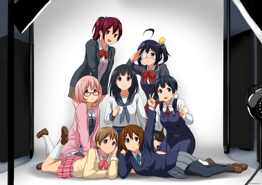 6+girls ahoge aioi_yuuko aqua_eyes arm_up black_hair black_jacket black_legwear black_sailor_collar blue_eyes blue_ribbon bow bowtie brown_eyes brown_footwear brown_hair brown_skirt cardigan character_request chitanda_eru chuunibyou_demo_koi_ga_shitai! collared_shirt company_connection copyright_request erkaz free! glasses grey_neckerchief grey_skirt hair_ornament hairclip highres hirasawa_yui hyouka icho_private_high_school_uniform jacket k-on! kamiyama_high_school_uniform_(hyouka) kitashirakawa_tamako kuriyama_mirai kyoto_animation kyoukai_no_kanata long_hair long_sleeves lying matsuoka_gou medium_hair multiple_girls neck_ribbon neckerchief nichijou on_stomach pantyhose parted_lips pink_cardigan pink_hair pink_skirt plaid_clothes plaid_skirt pleated_skirt ponytail purple_eyes red-framed_eyewear red_bow red_bowtie red_eyes red_hair red_ribbon ribbon sailor_collar sakuragaoka_high_school_uniform salute school_uniform shirt shoes short_hair sitting skirt smile socks standing takanashi_rikka tamako_market tokisadame_school_uniform twintails v white_legwear white_shirt wide_shot yellow_eyes