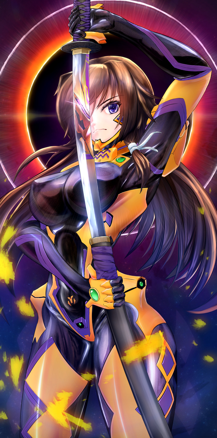 1girl absurdres breasts brown_hair eclipse floating_hair fortified_suit highres holding holding_sword holding_weapon katana large_breasts long_hair mecha mecha_pilot_suit muv-luv muv-luv_alternative muv-luv_total_eclipse nyato pilot_suit purple_eyes reflection robot science_fiction skin_tight solo sword tactical_surface_fighter takamura_yui type_00_takemikazuchi weapon