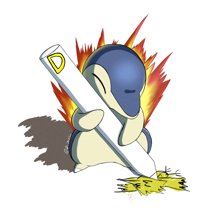 3_3 ^_^ animal_focus artist_name child&#039;s_drawing closed_eyes cyndaquil fire full_body gen_1_pokemon gen_2_pokemon highres holding holding_pencil legendary_pokemon nintendo no_humans numeito pencil pokemon pokemon_(creature) signature simple_background solo standing twitter_username two-handed white_background zapdos