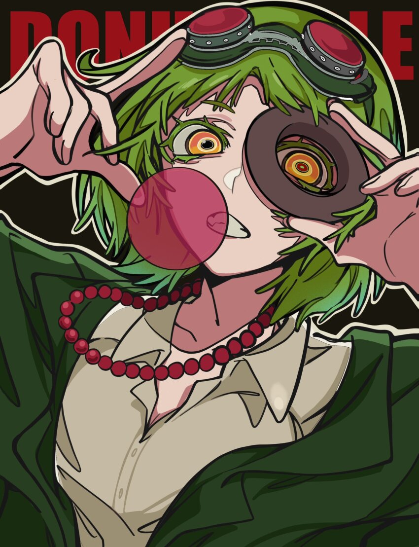 artist_request bead_necklace beads blowing_bubbles donut_hole_(vocaloid) donut food goggles green_hair green_shirt gumi highres jewelry necklace shirt vocaloid
