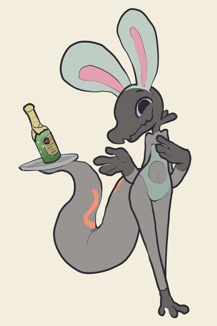 1girl alcohol animal_ears bare_shoulders black_eyes bottle champagne colored_sclera drink fake_animal_ears feet female_focus flat_chest full_body gen_7_pokemon green_leotard hands_up highres itsunknownanon leotard lizard_tail looking_at_viewer navel nintendo no_humans plate playboy_bunny pokemon pokemon_(creature) pokemon_sm purple_sclera rabbit_ears reptile_girl salandit simple_background smile solo standing strapless tail