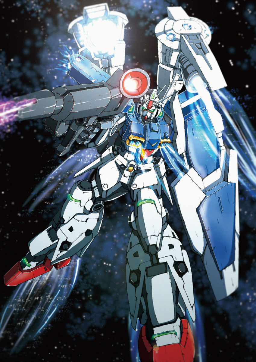 absurdres beam_rifle energy_gun firing flying glowing glowing_eyes green_eyes gun gundam gundam_0083 gundam_gp-01_full_vernian_zephyranthes highres holding holding_gun holding_weapon huge_filesize mecha no_humans robot science_fiction solo space sunflower_(tomodog422) weapon