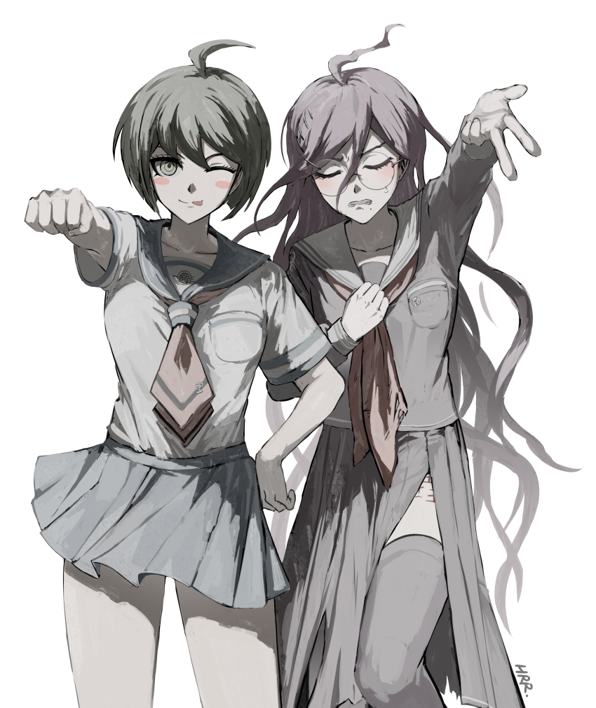 2girls ;p absurdres ahoge blush blush_stickers clenched_hand collared_shirt danganronpa_(series) danganronpa_another_episode:_ultra_despair_girls foreshortening fukawa_toko glasses harari highres long_hair long_skirt long_sleeves messy_hair mole mole_under_mouth multiple_girls naegi_komaru neckerchief necktie one_eye_closed outstretched_arm round_eyewear sailor_collar scar scar_on_leg shirt short_hair short_sleeves simple_background skirt smile standing tally thighhighs tongue tongue_out torn_clothes torn_neckerchief torn_skirt very_long_hair white_background
