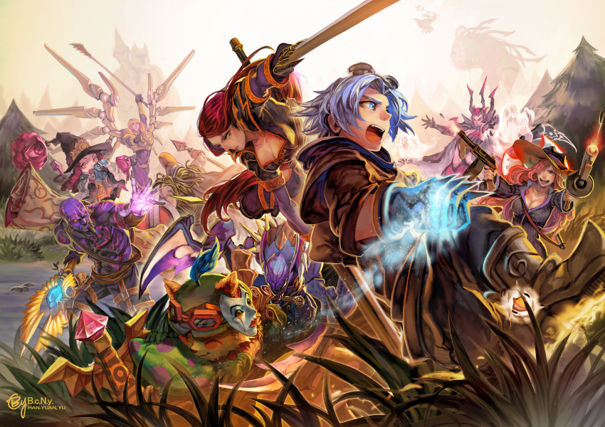 5boys 5girls absurdres armor artist_name b.c.n.y. baron_nashor beard blade blue_eyes blue_hair boots breasts cape cleavage colored_skin elise_(league_of_legends) ezreal facial_hair ghost goggles goggles_on_head grass green_eyes gun hair_over_one_eye hat highres jax_(league_of_legends) katarina_(league_of_legends) kayle_(league_of_legends) kha&#039;zix league_of_legends long_hair lulu_(league_of_legends) crime_city_miss_fortune mask multiple_boys multiple_girls nocturne_(league_of_legends) open_mouth pantheon_(league_of_legends) polearm purple_skin red_hair ryze miss_fortune_(league_of_legends) scar scroll shield short_hair spear tattoo teemo weapon wings witch_hat yellow_eyes yordle