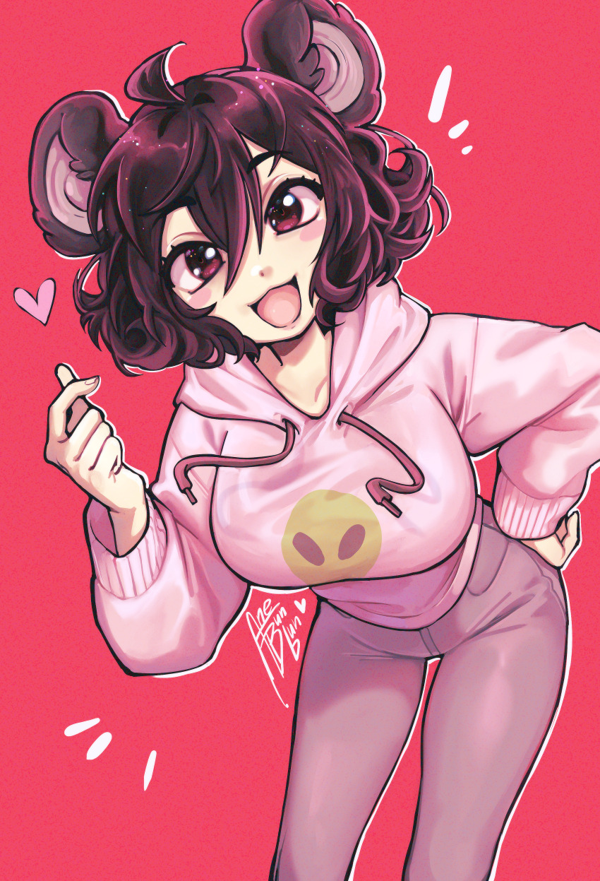 1girl absurdres ahoge animal_ears apandah_(youtube) bear_ears black_eyes blush blush_stickers breasts collarbone darksushii denim eyelashes female_focus genderswap genderswap_(mtf) hair_between_eyes hand_on_own_hip heart highres hood hoodie jeans large_breasts long_sleeves open_mouth panda panda_ears pants pink_background pink_hoodie pointing pointing_at_self raised_eyebrows simple_background smile solo solo_focus tagme tongue youtube