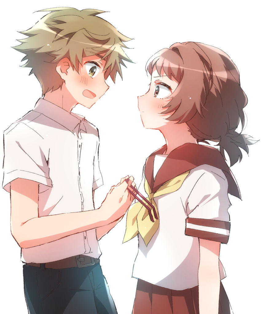 1boy 1girl belt black_pants blonde_hair blush brown_belt brown_eyes collared_shirt commentary_request eye_contact from_side glasses highres holding holding_removed_eyewear komura_kaede looking_at_another mie_ai neckerchief no_eyewear nyaa_(nnekoron) pants red-framed_eyewear red_hair red_sailor_collar red_skirt sailor_collar school_uniform shirt shirt_tucked_in short_hair short_sleeves simple_background skirt sukinako_ga_megane_wo_wasureta unworn_eyewear white_background white_shirt yellow_neckerchief