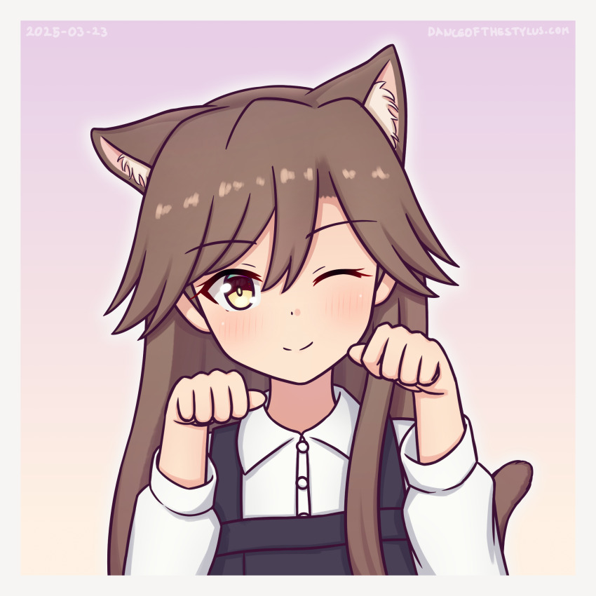 1girl animal_ears arashio_(kancolle) black_dress brown_eyes brown_hair cat_ears cat_tail collared_shirt dress dress_shirt gradient_background grey_background highres kantai_collection konato_k looking_at_viewer paw_pose pinafore_dress shirt sleeveless sleeveless_dress solo tail twitter_username upper_body white_shirt