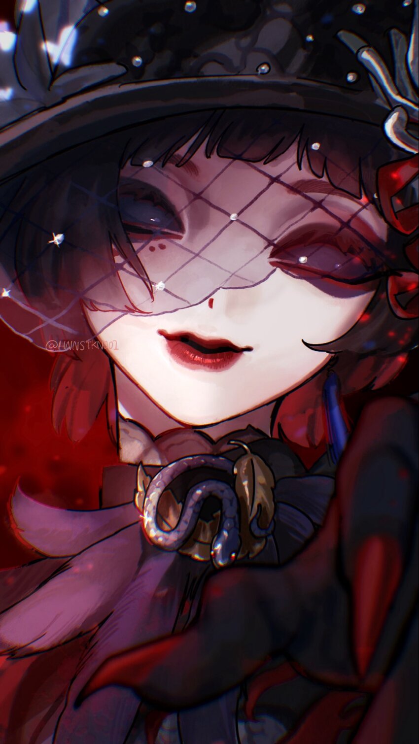 1girl black_eyes black_eyeshadow black_hair black_hands black_hat black_sclera black_veil brooch colored_extremities colored_sclera earrings eyeliner eyeshadow feathers gloves hat hat_feather highres hnnstkn001 identity_v jewelry lace lipstick looking_at_viewer makeup michiko_(identity_v) michiko_(noctis)_(identity_v) mole portrait reaching reaching_towards_viewer red_background red_eyeliner red_lips red_nails see-through_clothes see-through_veil short_hair smile snake solo veil