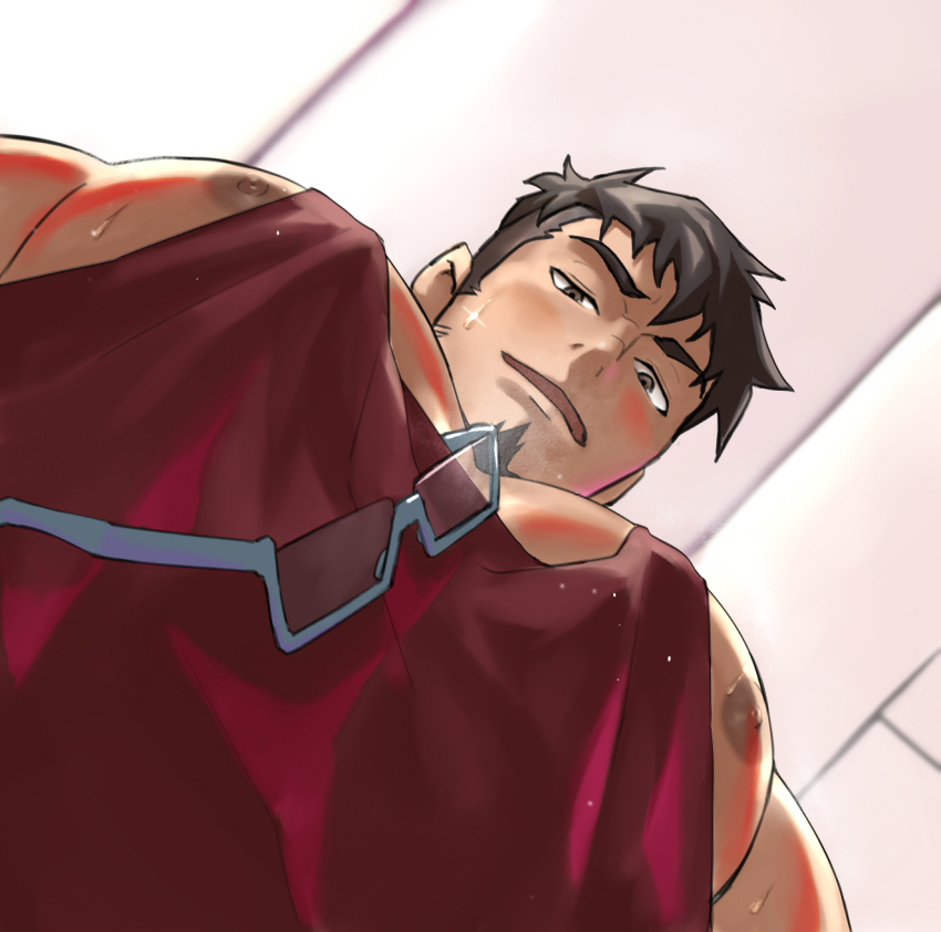 1boy bara character_request foreshortening from_below great_pretender highres large_pectorals looking_at_viewer looking_down male_focus meme muscular muscular_male nipple_slip nipples pectoral_cleavage pectoral_focus pectorals photo-referenced pingpongpang red_tank_top short_hair sidepec solo sparkling_sweat sweat tank_top thick_eyebrows unworn_eyewear upper_body pec_pov_(meme)