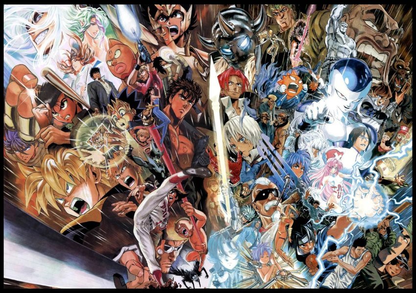 1980s_(style) 1990s_(style) 3girls 6+boys allen_walker amano_ai artist_collaboration astro_kyuudan baoh baoh_raihousha bastard!! bleach bobobo-bo_bo-bobo bobobo-bo_bo-bobo_(character) character_request chinyuki chinyuuki-tarou_to_yukai_na_nakama-tachi cleaned cobra_(space_adventure_cobra) copyright_request d.gray-man dark_schneider death_note dio_brando don_patch dragon_ball dragonball_z edajima_heihachi frieza fujiwara_no_sai ginga_(franchise) ginga_nagareboshi_gin hades_(mythology) hades_(saint_seiya) hananakajima_masaru hareluya_boys hareluya_ii_boy hibino_hareluya hiei highres hikaru_no_go hirono_kenta hokuto_no_ken ishida_uryuu jojo_no_kimyou_na_bouken kaiba_seto kenshiro kinnikuman kinnikuman_(character) kisugi_hitomi kurosaki_ichigo l_(death_note) majin_tantei_nougami_neuro misery_(outer_zone) multiple_boys multiple_girls murata_yuusuke muto_yugi naruto naruto_(series) nougami_neuro official_art oldschool one_piece outer_zone pegasus_seiya psychogun raoh_(hokuto_no_ken) retro_artstyle rurouni_kenshin ryuk sagara_sanosuke saint_seiya sakigake!!_cromartie_koukou scan school_uniform sendou_akira serafuku sexy_commando_gaiden:_sugoiyo!_masaru-san shanks_(one_piece) shounen_jump slam_dunk_(series) son_goku space_adventure_cobra stardust_crusaders super_saiyan tagme tony_tony_chopper uchiha_sasuke uno_kyuuichi urameshi_yusuke urameshi_yuusuke wingman wingman_(wingman) youko_kurama yu-gi-oh! yu-gi-oh!_duel_monsters yuu_yuu_hakusho