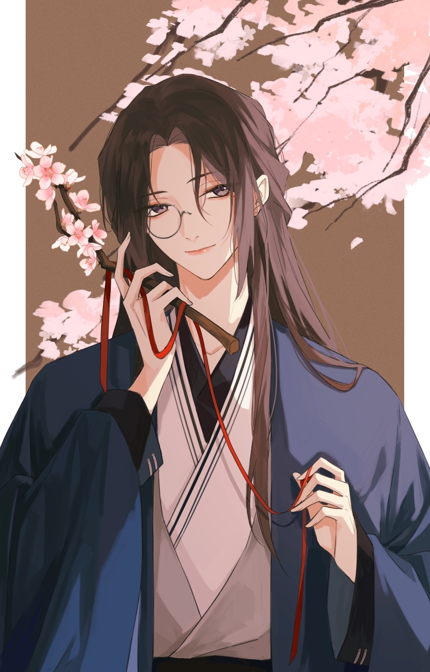 1boy absurdres black_sash blue_coat border branch brown_background brown_hair cherry_blossoms chinese_clothes closed_mouth coat curtained_hair earrings flower gu_yun hand_up hanfu head_tilt highres holding holding_branch holding_ribbon jewelry lips long_hair long_sleeves looking_at_viewer male_focus mohexi459 mole mole_under_eye monocle open_clothes open_coat outside_border parted_bangs pillarboxed pink_flower purple_eyes red_ribbon ribbon robe sash sha_po_lang sidelocks smile solo stud_earrings white_border white_robe wide_sleeves