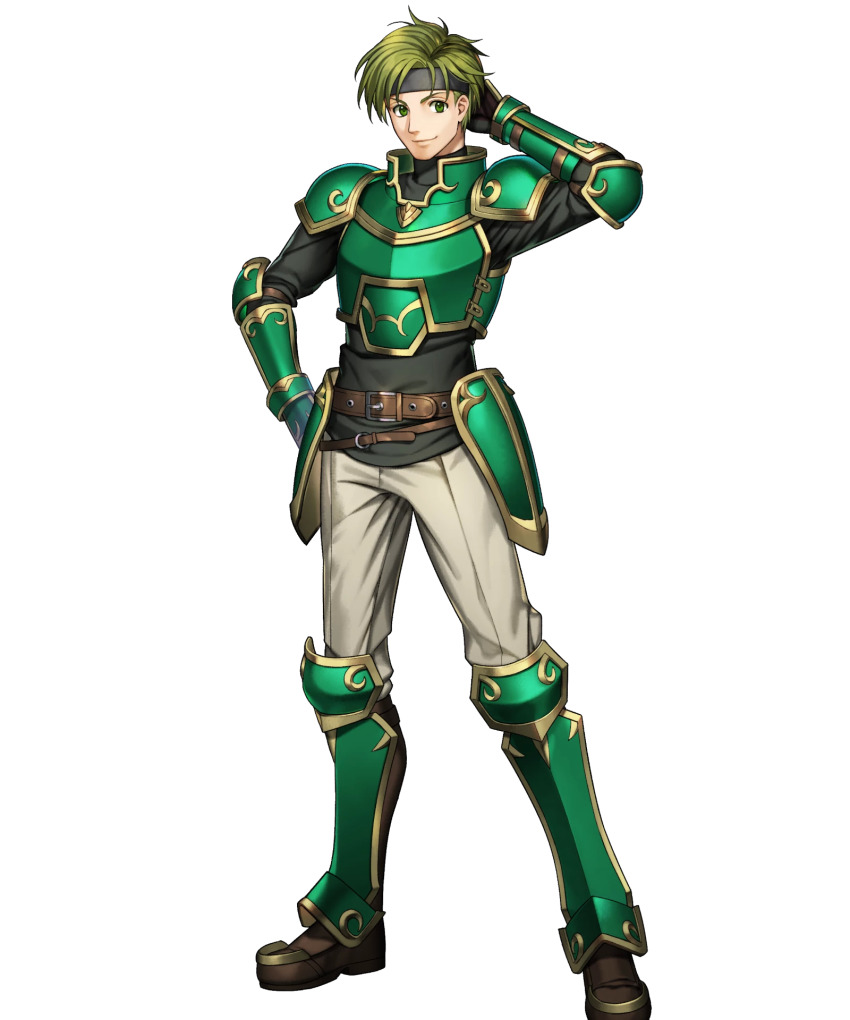 1boy arm_behind_head arm_up armor artist_request boots closed_mouth elbow_pads fire_emblem fire_emblem:_the_blazing_blade fire_emblem_heroes full_body gauntlets green_armor green_eyes green_hair hand_on_own_hip headband highres knee_boots long_sleeves looking_at_viewer male_focus nintendo non-web_source official_art pants sain_(fire_emblem) short_hair shoulder_armor smile standing transparent_background turtleneck
