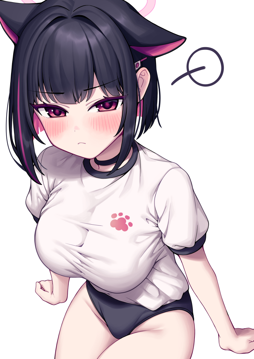 1girl :c absurdres animal_ears black_choker black_hair blue_archive blue_buruma blunt_ends blush breasts buruma cat_ears choker closed_mouth commentary dated_commentary extra_ears frown gym_uniform hair_intakes hair_ornament hairclip halo highres impossible_clothes impossible_shirt kazusa_(blue_archive) large_breasts legs looking_at_viewer medium_hair metaljelly multicolored_hair paw_print pink_eyes pink_hair pink_halo shirt short_hair short_sleeves simple_background sitting solo thighs two-tone_hair white_background white_shirt