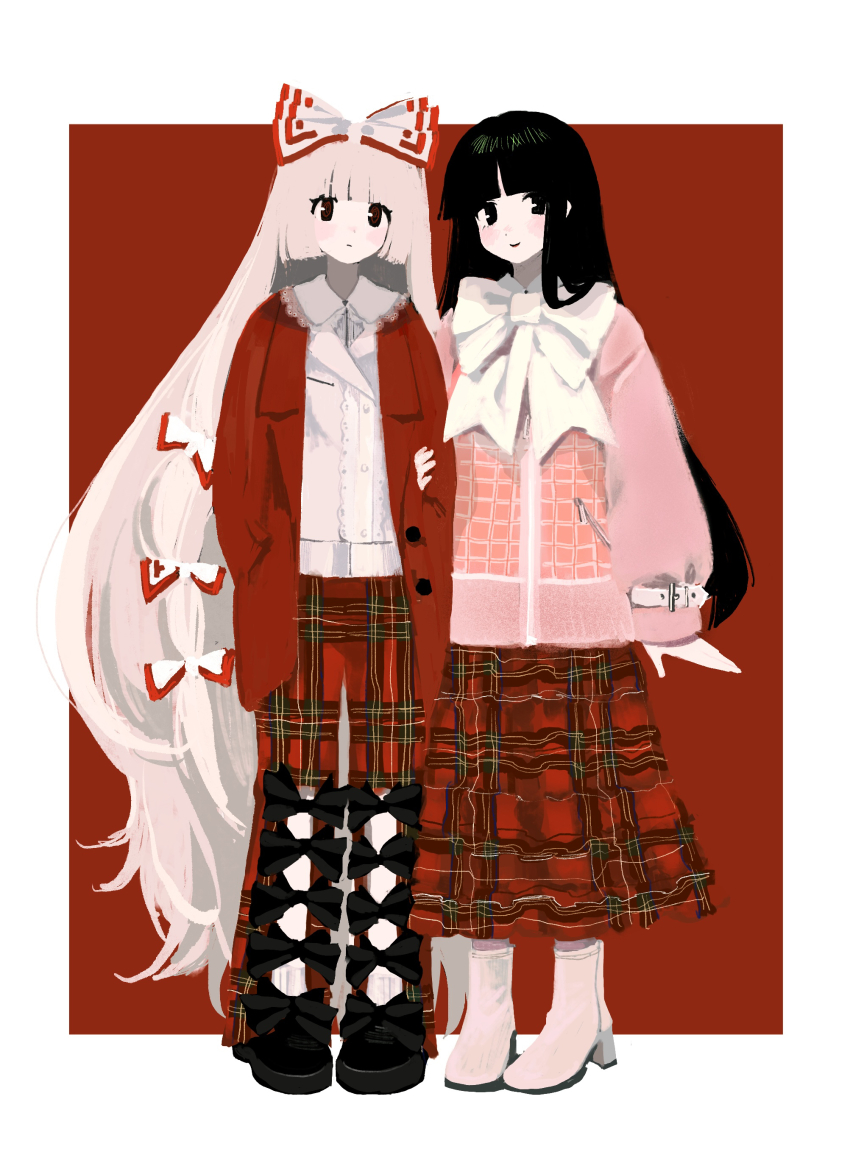 2girls absurdres adapted_costume alternate_costume black_hair blunt_bangs boots border bow bowtie coat commentary fujiwara_no_mokou full_body grey_hair hair_bow hands_in_pockets highres hime_cut houraisan_kaguya huge_bowtie jacket lace-trimmed_sailor_collar long_hair looking_at_viewer multiple_girls pants pink_jacket plaid_clothes plaid_pants plaid_skirt red_background red_coat red_skirt simple_background skirt straight_hair subaru_(user_tmwv7722) touhou very_long_hair white_boots white_border white_bow white_bowtie yuri