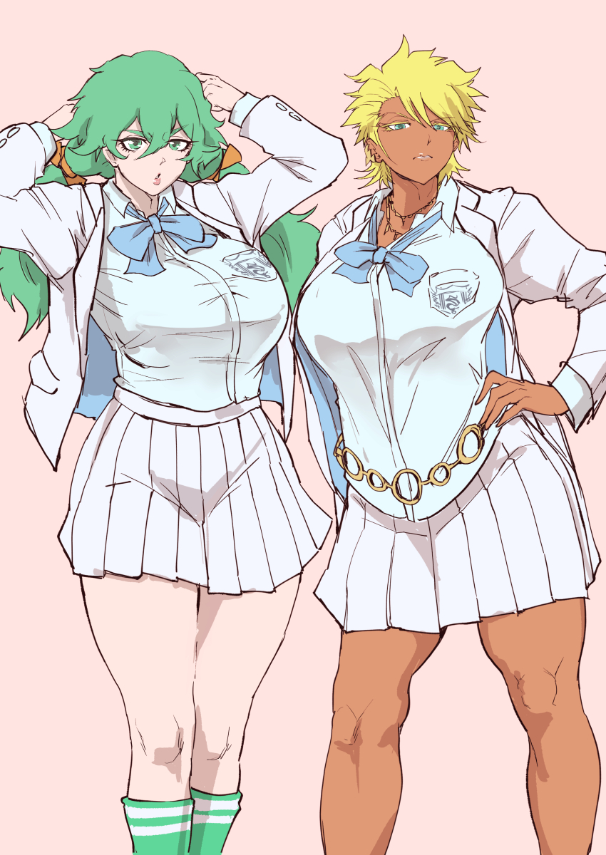 2girls absurdres alternate_costume alternate_hairstyle arrancar bleach bleach:_sennen_kessen-hen breasts colored_eyelashes comic_hand cowboy_shot dark-skinned_female dark_skin espada female_focus green_eyes green_hair green_socks hair_between_eyes hand_on_own_hip highres jacket large_breasts long_hair matching_hair/eyes miniskirt multiple_girls nelliel_tu_odelschwanck official_alternate_costume pink_background pleated_skirt school_uniform shirt short_hair simple_background skirt socks standing tier_harribel white_jacket white_shirt white_skirt