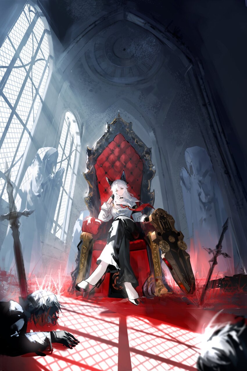 1girl black_choker black_gloves black_horns black_pants black_shoes choker commentary crossed_legs curled_horns death english_commentary gloves high_heels highres horns indoors lewdlily66 long_hair necktie pants people planted planted_sword planted_weapon red_necktie shirt shoes sitting solo_focus sword weapon white_shirt wide_shot wuthering_waves zani_(wuthering_waves)