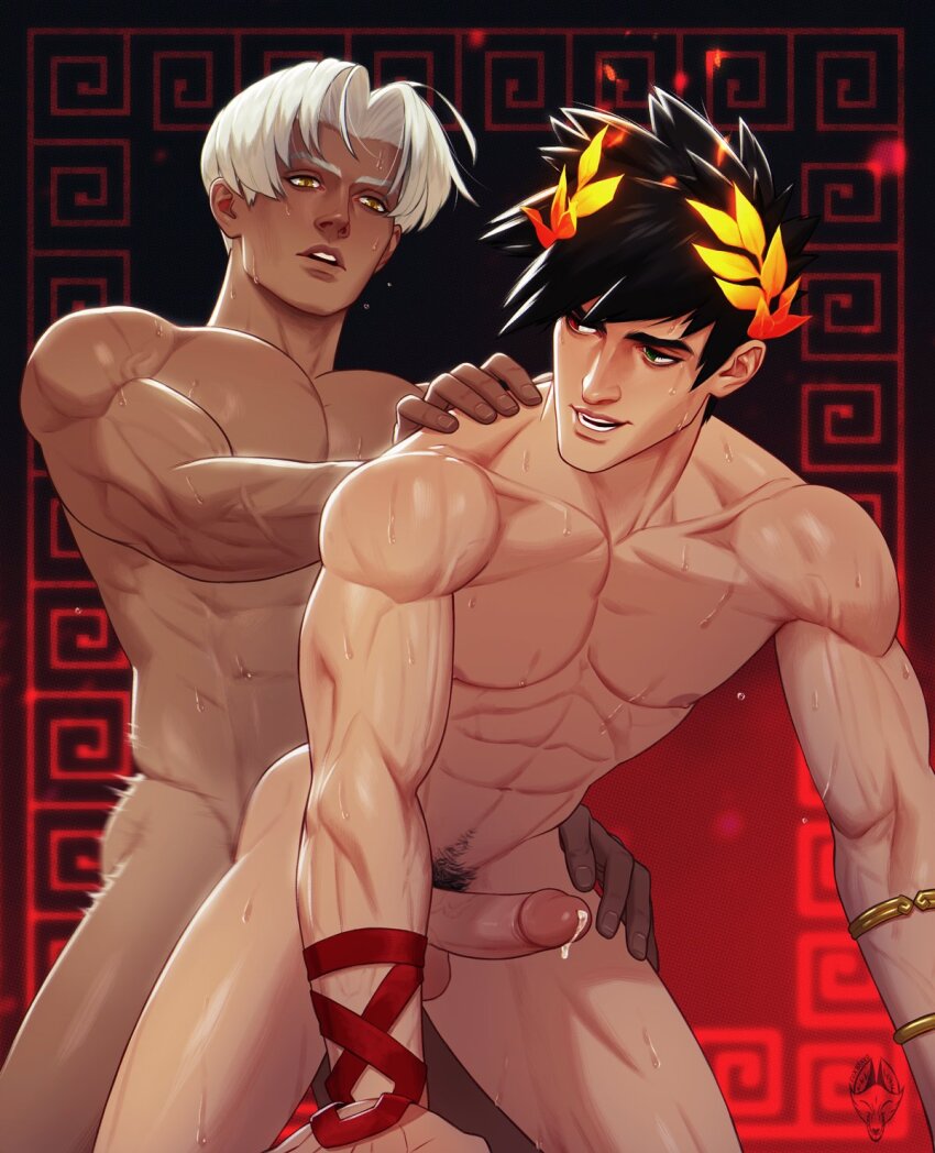 2boys abs bara black_hair completely_nude dark-skinned_male dark_skin erection fox_bravo green_eyes grey_hair hades_(series) hades_1 heterochromia highres interracial large_pectorals looking_at_another male_focus male_pubic_hair multiple_boys muscular muscular_male navel nipples nude pectorals penis pubic_hair red_eyes sex sex_from_behind short_hair smile testicles thanatos_(hades) yaoi zagreus_(hades)