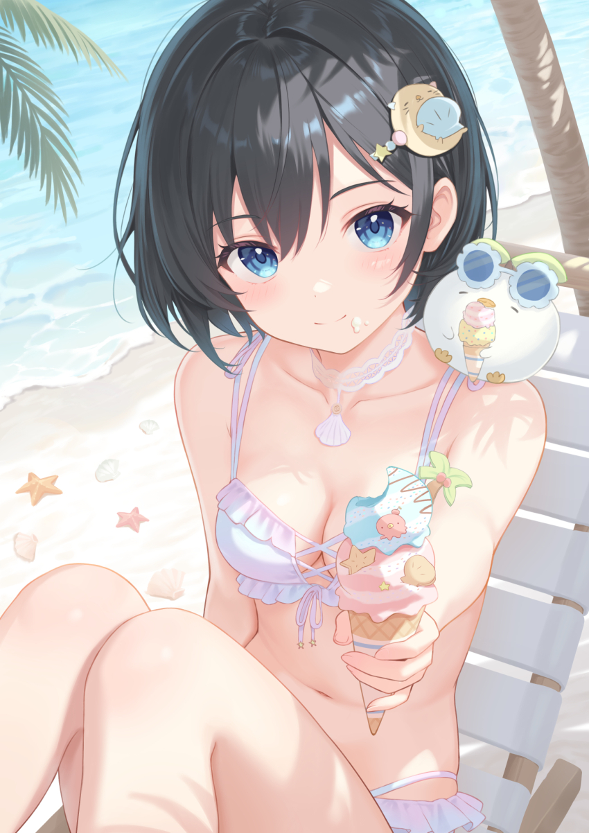 1girl beach_chair bikini black_hair blue_eyes breasts commentary_request food food_on_face frilled_bikini frills hair_ornament highres ice_cream ice_cream_cone jewelry looking_at_viewer medium_breasts multiple_scoops navel necklace original purple_bikini rebun shell shell_necklace short_hair sitting solo starfish swimsuit