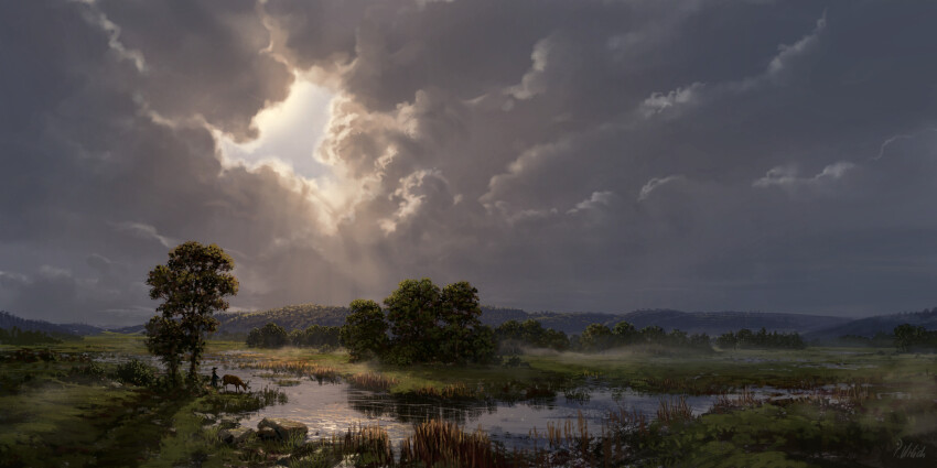 1other absurdres animal blue_hat blue_robe cloud cloudy_sky commentary day deer english_commentary fog grass grey_sky hat highres hill landscape light_rays original outdoors philipp_urlich reflection reflective_water robe rock scenery signature sky stream sun sunbeam sunlight tree very_wide_shot water