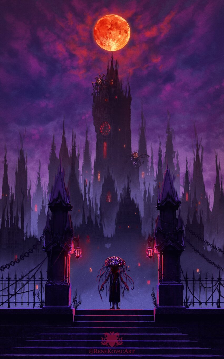 @_(symbol) amygdala_(bloodborne) architecture artist_logo artist_name bloodborne brain building chain city clock clock_tower cloud cloudy_sky commentary disfigured eldritch_abomination english_commentary extra_arms extra_eyes flying_buttress fog full_moon gothic_architecture highres lantern logo monster moon night outdoors red_moon renekovacart scenery sky standing statue tentacles too_many_arms too_many_eyes tower trypophobia watchtower winter_lantern yharnam