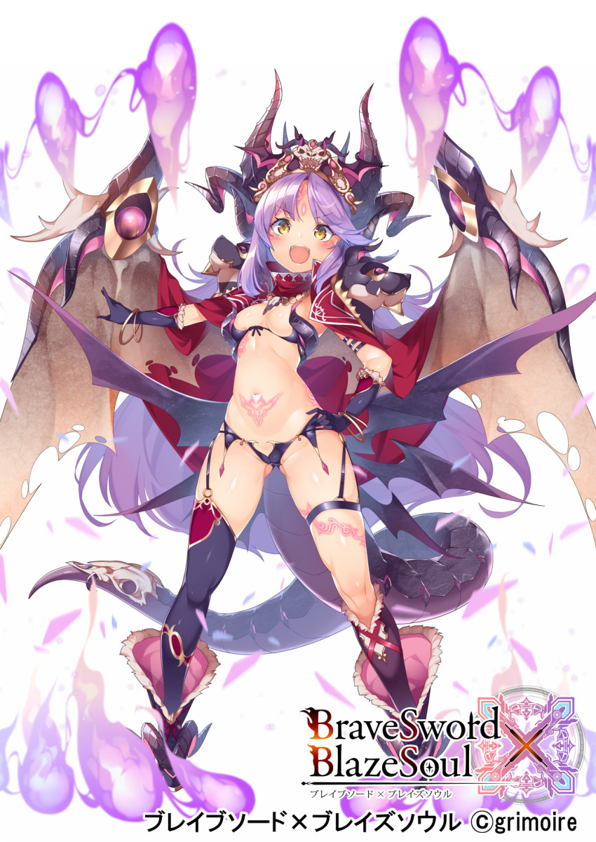 1girl bikini black_gloves black_thighhighs blush bracelet brave_sword_x_blaze_soul breasts cloak facial_mark garter_straps gloves gluteal_fold hand_on_own_hip highres horns jewelry kokka_han leg_tattoo long_hair looking_at_viewer open_mouth pubic_tattoo purple_hair revealing_clothes single_thighhigh small_breasts solo swimsuit tail tattoo thigh_strap thighhighs white_background wings yellow_eyes