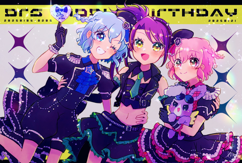 1boy 2girls birthday blue_eyes blue_hair braid brother_and_sister cowboy_shot dorothy_west dress green_necktie hand_on_another&#039;s_shoulder hand_on_another&#039;s_waist highres holding holding_stuffed_toy looking_at_viewer multiple_girls necktie pink_eyes pink_hair pretty_series pripara puffy_short_sleeves puffy_sleeves purple_hair reona_west short_sleeves siblings side_braid single_braid stuffed_toy toudou_shion trap usagi_(pripara) yumenocorona