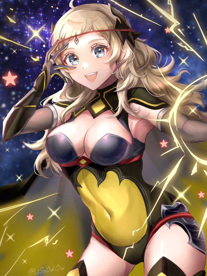 1girl absurdres ahoge alternate_costume armor black_bridal_gauntlets black_cape blonde_hair breasts bridal_gauntlets cape circlet cleavage covered_navel cowboy_shot dark_mage_(fire_emblem_fates) electricity fake_horns fire_emblem fire_emblem_fates fire_emblem_heroes gloves grey_eyes hair_ornament hand_over_face highres hip_armor horns large_breasts long_hair looking_at_viewer nintendo odin_(fire_emblem) odin_(resplendent)_(fire_emblem) open_mouth ophelia_(fire_emblem) sky smile solo star_(sky) starry_sky teeth thighhighs yellow_cape youhei_choregi