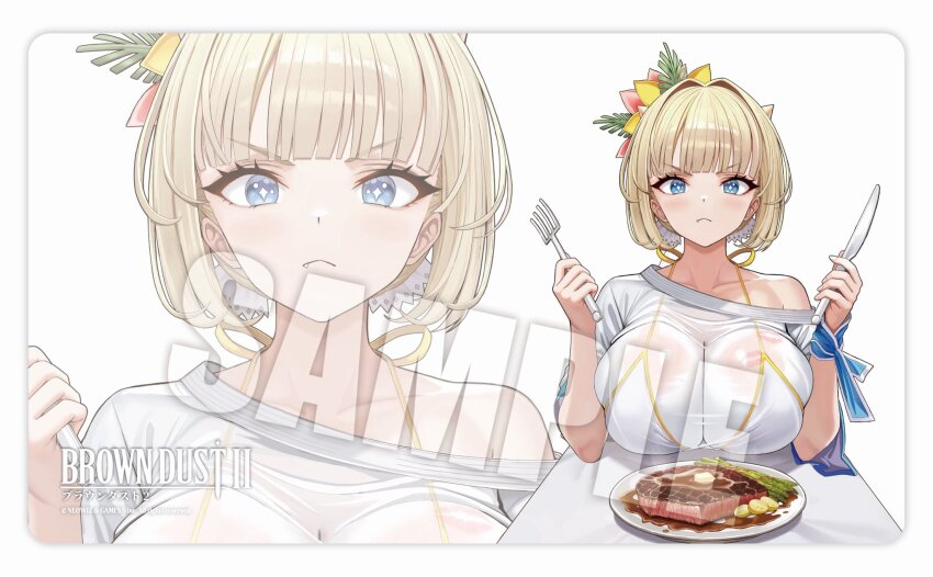 1girl bikini bikini_under_clothes blonde_hair blue_eyes blush breasts brown_dust_(series) brown_dust_2 butter determined eating food fork hair_ornament highres holding holding_knife justia_(brown_dust) justia_(pool_party)_(brown_dust) knife official_alternate_costume official_art sample_watermark see-through_clothes see-through_shirt shirt single_bare_shoulder small_horns steak swimsuit watermark wet wet_clothes wet_shirt white_bikini